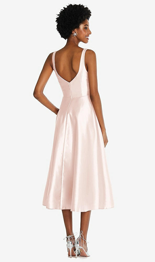 Back View - Blush Square Neck Full Skirt Satin Midi Dress with Pockets