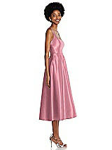 Side View Thumbnail - Carnation Square Neck Full Skirt Satin Midi Dress with Pockets