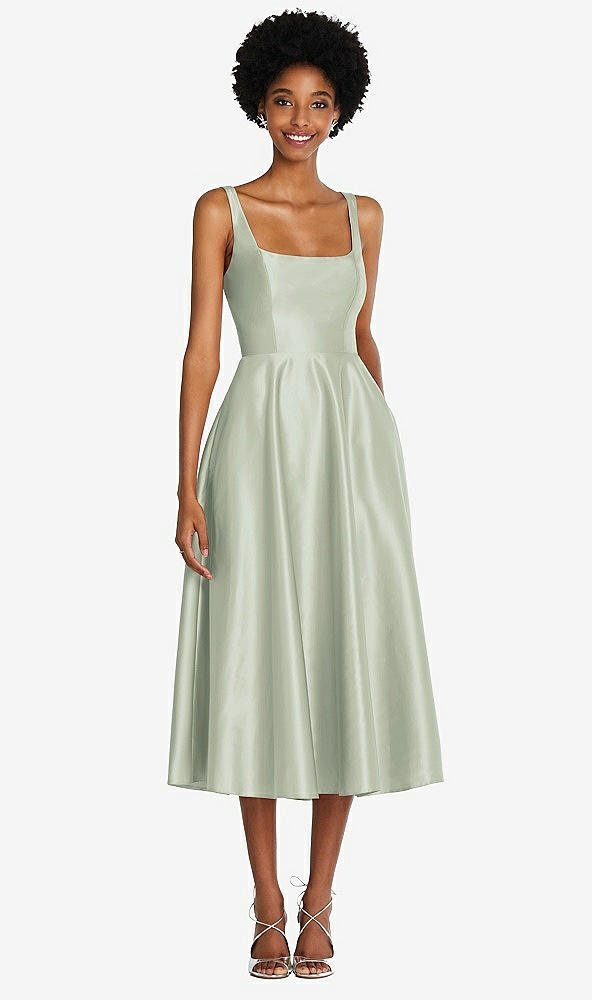 Front View - Celadon Square Neck Full Skirt Satin Midi Dress with Pockets