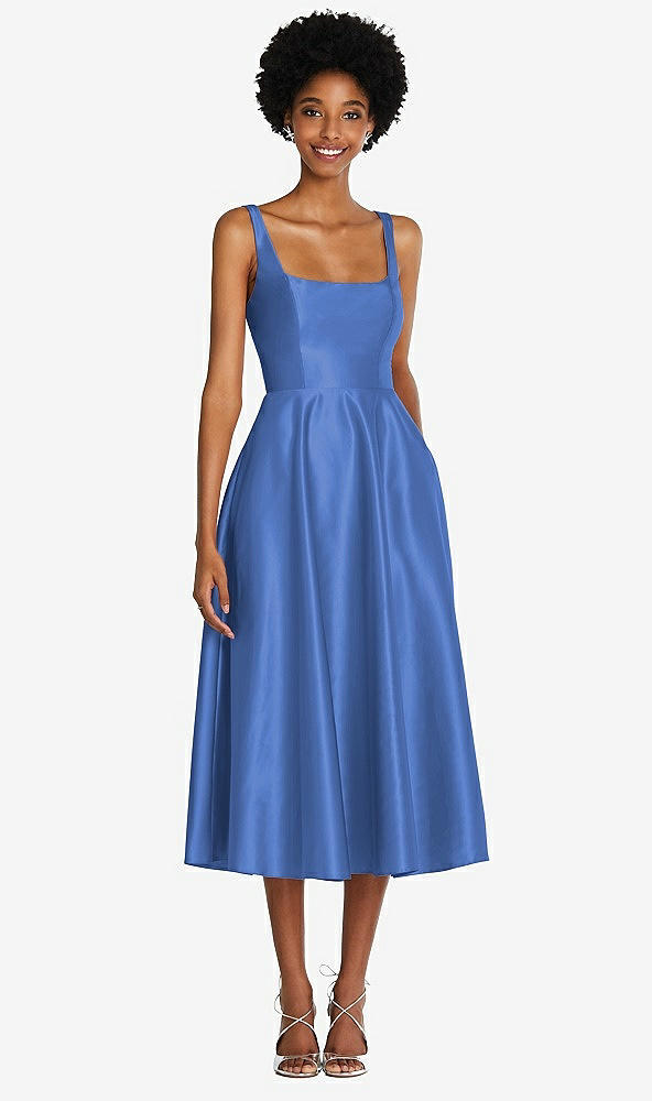 Front View - Cornflower Square Neck Full Skirt Satin Midi Dress with Pockets