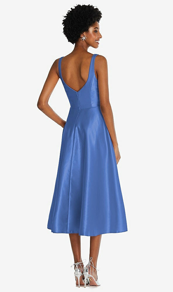 Back View - Cornflower Square Neck Full Skirt Satin Midi Dress with Pockets