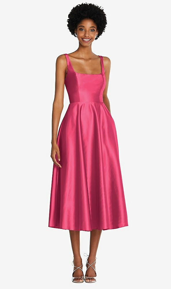 Front View - Pantone Honeysuckle Square Neck Full Skirt Satin Midi Dress with Pockets