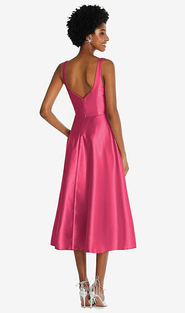 Back View - Pantone Honeysuckle Square Neck Full Skirt Satin Midi Dress with Pockets