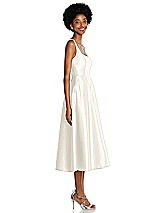 Side View Thumbnail - Ivory Square Neck Full Skirt Satin Midi Dress with Pockets