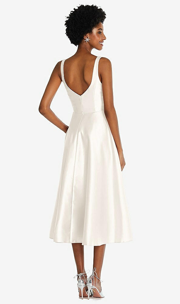 Back View - Ivory Square Neck Full Skirt Satin Midi Dress with Pockets