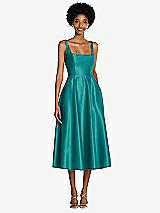 Front View Thumbnail - Jade Square Neck Full Skirt Satin Midi Dress with Pockets