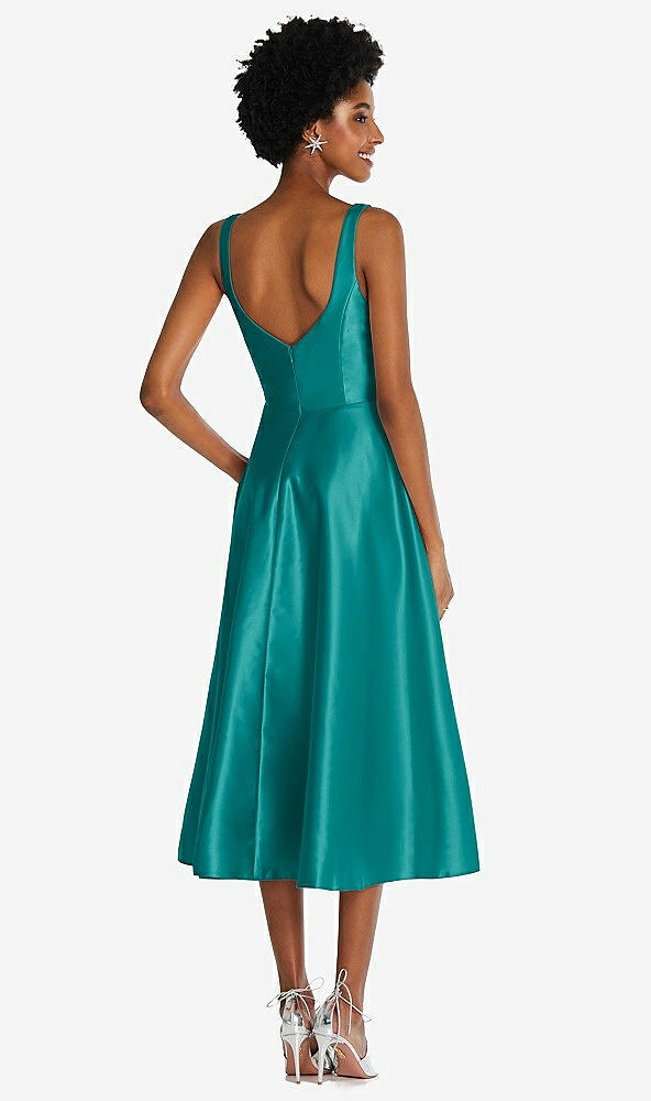 Back View - Jade Square Neck Full Skirt Satin Midi Dress with Pockets