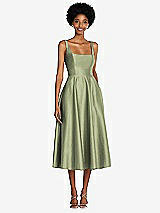 Front View Thumbnail - Kiwi Square Neck Full Skirt Satin Midi Dress with Pockets