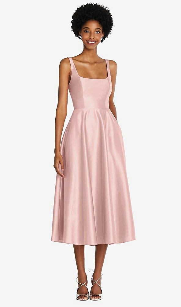 Front View - Rose - PANTONE Rose Quartz Square Neck Full Skirt Satin Midi Dress with Pockets