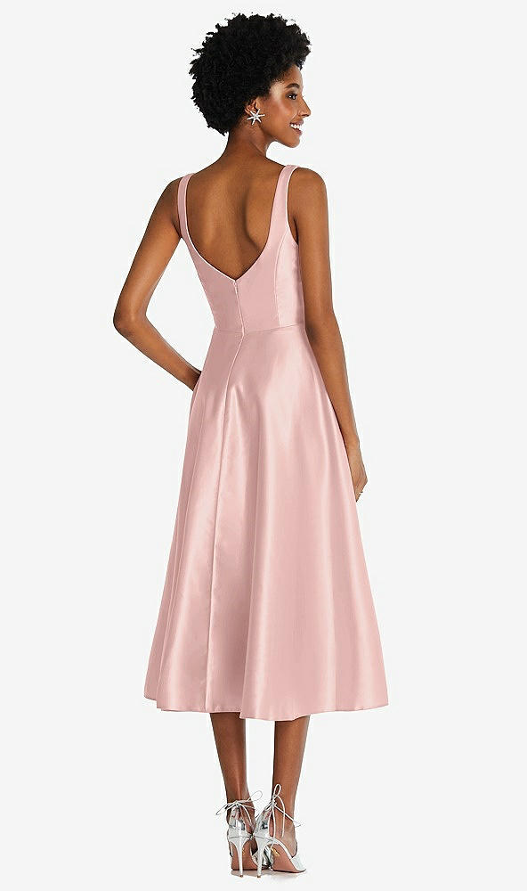 Back View - Rose - PANTONE Rose Quartz Square Neck Full Skirt Satin Midi Dress with Pockets