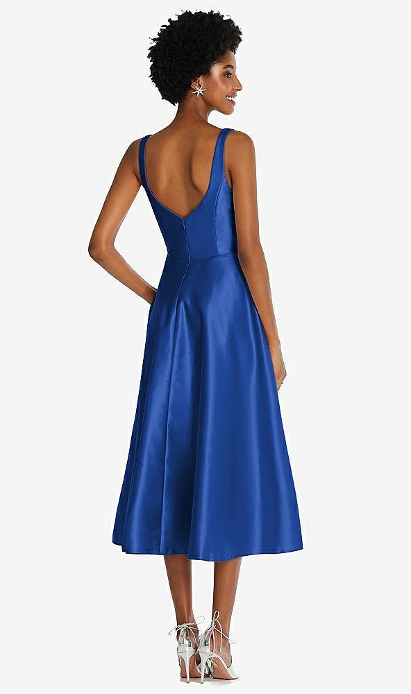 Back View - Sapphire Square Neck Full Skirt Satin Midi Dress with Pockets