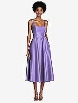 Front View Thumbnail - Tahiti Square Neck Full Skirt Satin Midi Dress with Pockets