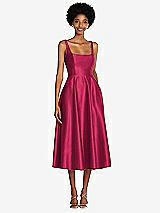 Front View Thumbnail - Valentine Square Neck Full Skirt Satin Midi Dress with Pockets