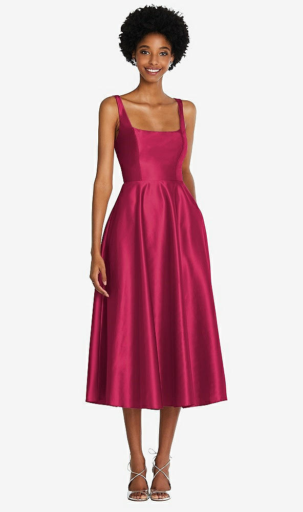 Front View - Valentine Square Neck Full Skirt Satin Midi Dress with Pockets