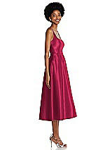 Side View Thumbnail - Valentine Square Neck Full Skirt Satin Midi Dress with Pockets