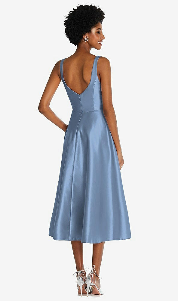 Back View - Windsor Blue Square Neck Full Skirt Satin Midi Dress with Pockets