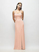 Alt View 1 Thumbnail - Pale Peach Tie Halter Open Back Trumpet Gown 