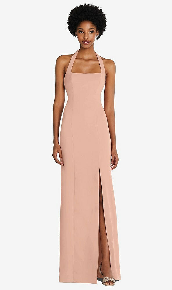 Front View - Pale Peach Tie Halter Open Back Trumpet Gown 