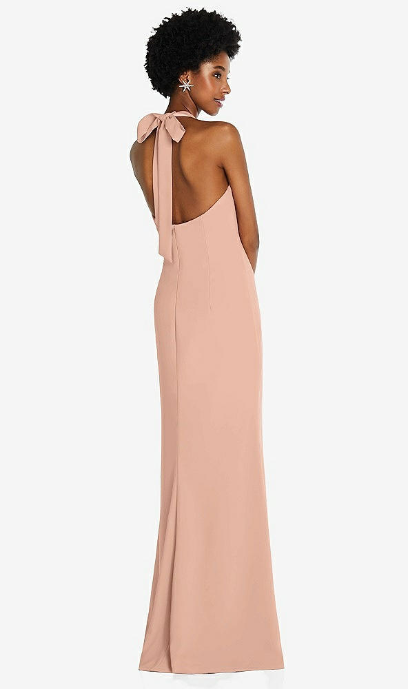 Back View - Pale Peach Tie Halter Open Back Trumpet Gown 