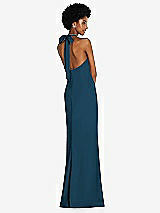 Rear View Thumbnail - Atlantic Blue Tie Halter Open Back Trumpet Gown 