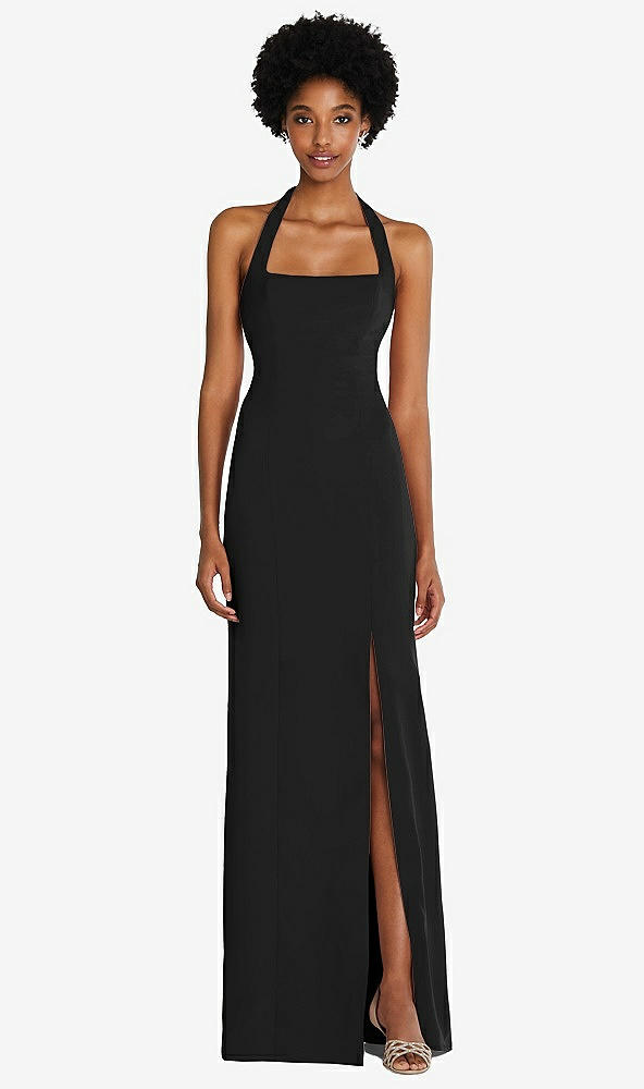 Front View - Black Tie Halter Open Back Trumpet Gown 