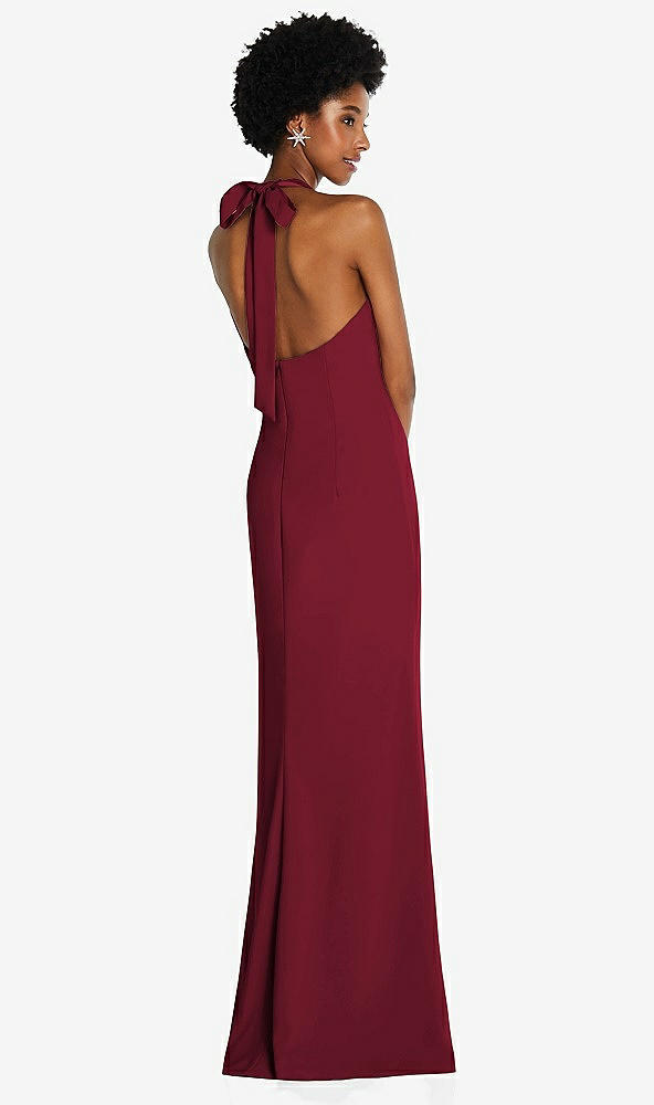 Back View - Burgundy Tie Halter Open Back Trumpet Gown 