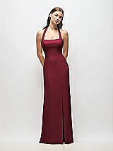 Alt View 1 Thumbnail - Cabernet Tie Halter Open Back Trumpet Gown 