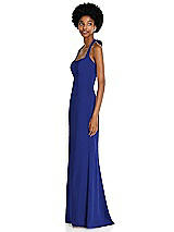 Side View Thumbnail - Cobalt Blue Tie Halter Open Back Trumpet Gown 