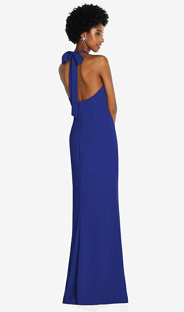 Back View - Cobalt Blue Tie Halter Open Back Trumpet Gown 