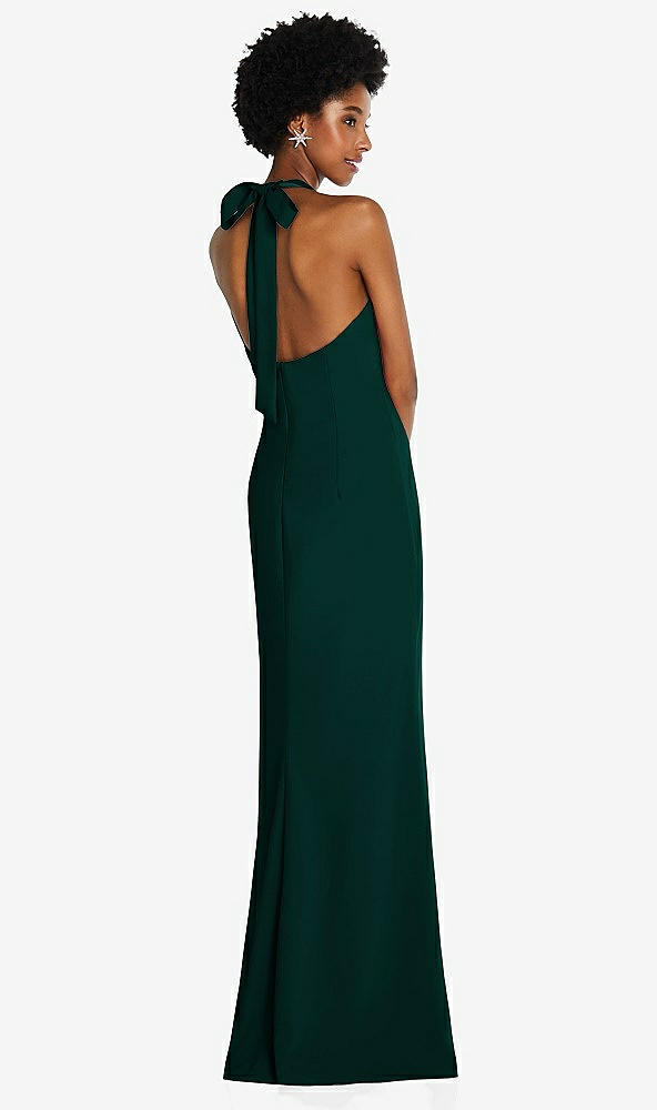 Back View - Evergreen Tie Halter Open Back Trumpet Gown 