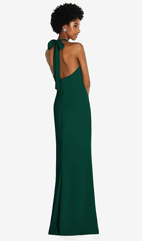 Back View - Hunter Green Tie Halter Open Back Trumpet Gown 