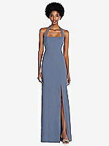 Front View Thumbnail - Larkspur Blue Tie Halter Open Back Trumpet Gown 