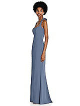 Side View Thumbnail - Larkspur Blue Tie Halter Open Back Trumpet Gown 