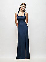 Alt View 1 Thumbnail - Midnight Navy Tie Halter Open Back Trumpet Gown 