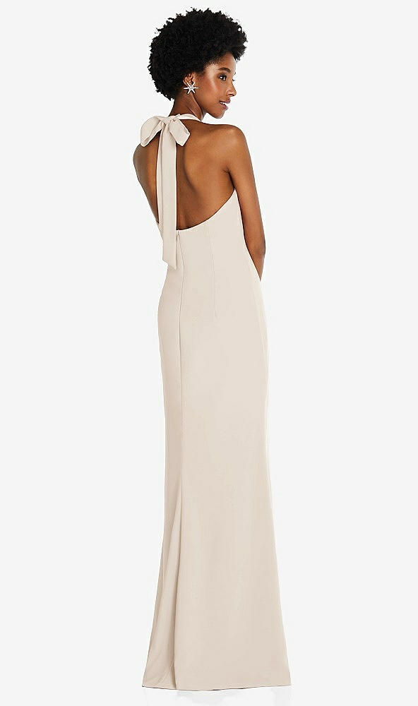 Back View - Oat Tie Halter Open Back Trumpet Gown 