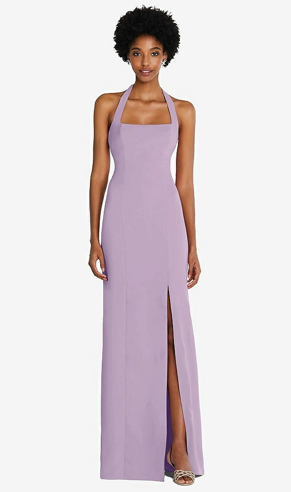 Front View - Pale Purple Tie Halter Open Back Trumpet Gown 