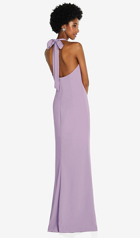 Back View - Pale Purple Tie Halter Open Back Trumpet Gown 