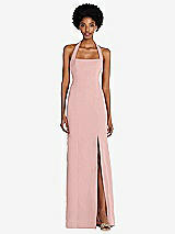 Front View Thumbnail - Rose - PANTONE Rose Quartz Tie Halter Open Back Trumpet Gown 