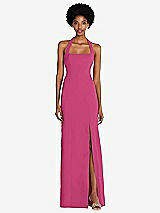 Front View Thumbnail - Tea Rose Tie Halter Open Back Trumpet Gown 