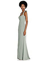 Side View Thumbnail - Willow Green Tie Halter Open Back Trumpet Gown 