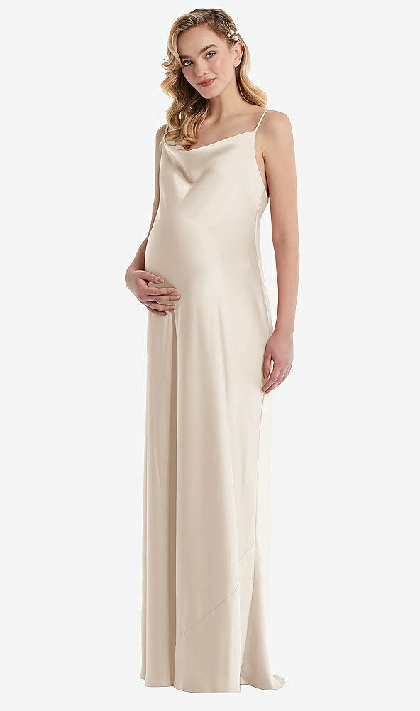 Front View - Oat Cowl-Neck Tie-Strap Maternity Slip Dress