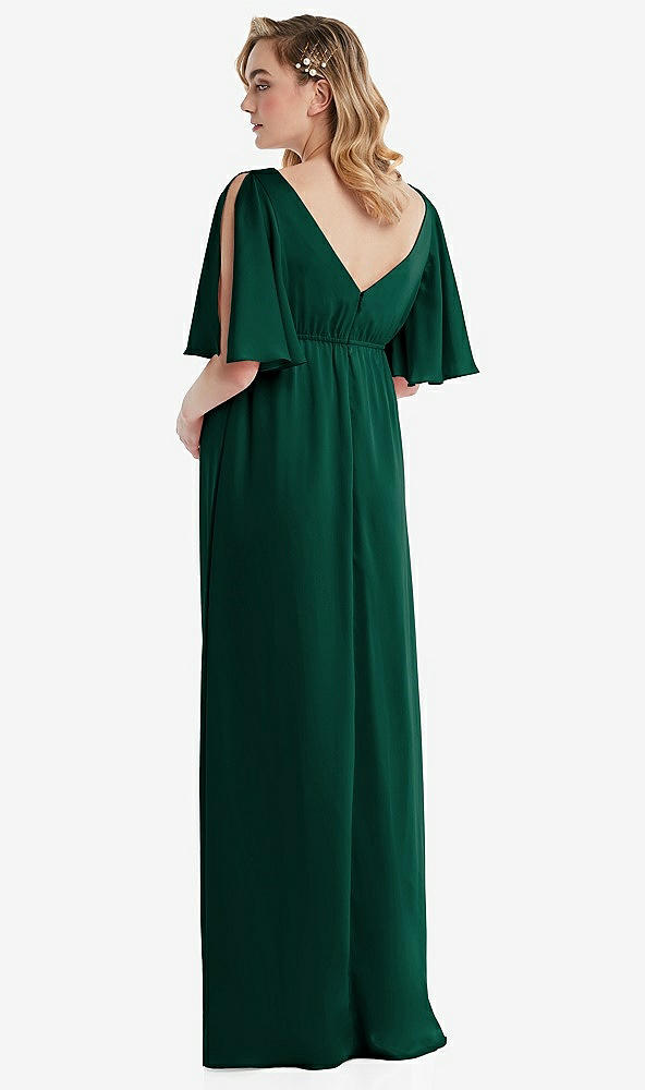 Back View - Hunter Green Flutter Bell Sleeve Empire Maternity Dress