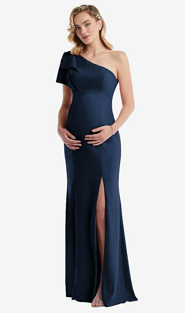 Front View - Midnight Navy One-Shoulder Ruffle Sleeve Maternity Trumpet Gown