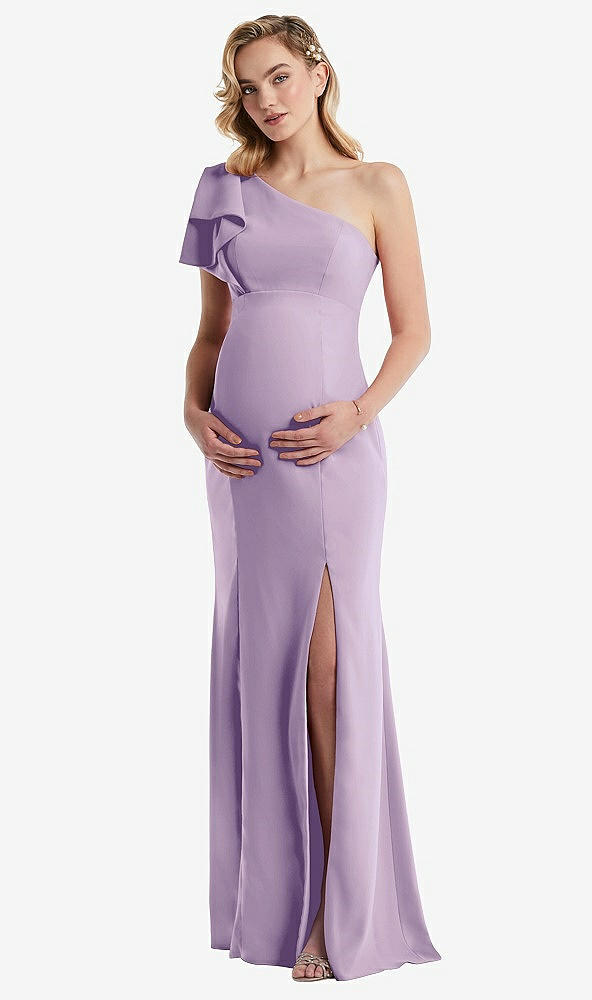 Front View - Pale Purple One-Shoulder Ruffle Sleeve Maternity Trumpet Gown