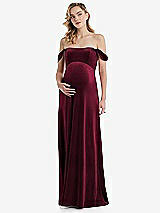 Front View Thumbnail - Cabernet Off-the-Shoulder Flounce Sleeve Velvet Maternity Dress