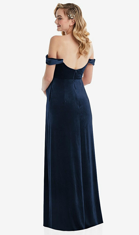 Back View - Midnight Navy Off-the-Shoulder Flounce Sleeve Velvet Maternity Dress