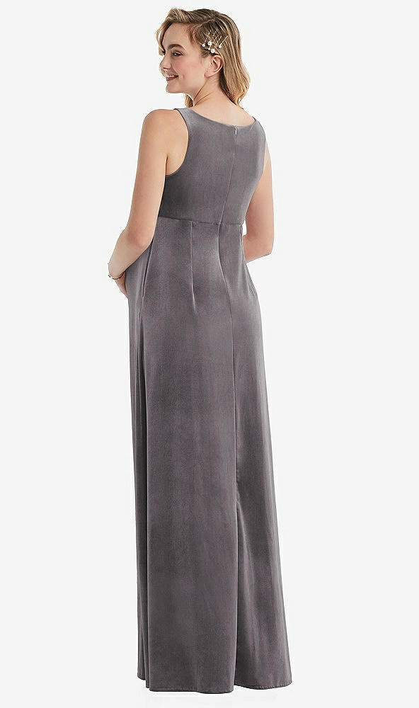 Back View - Caviar Gray V-Neck Closed-Back Velvet Maternity Dress with Pockets