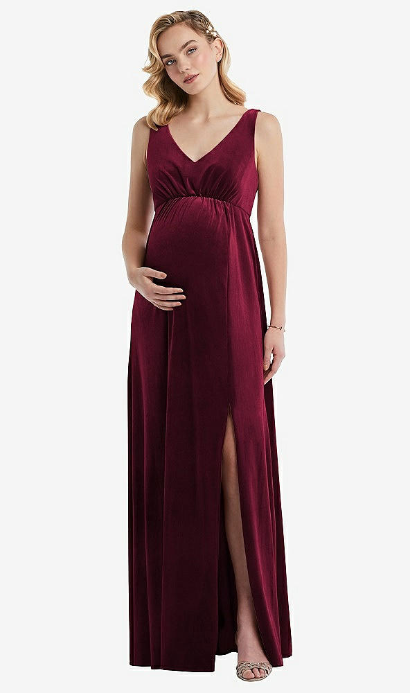 Front View - Cabernet V-Neck Closed-Back Velvet Maternity Dress with Pockets