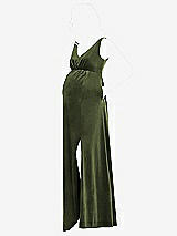 Side View Thumbnail - Olive Green V-Neck Closed-Back Velvet Maternity Dress with Pockets