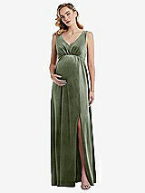 Front View Thumbnail - Sage V-Neck Closed-Back Velvet Maternity Dress with Pockets